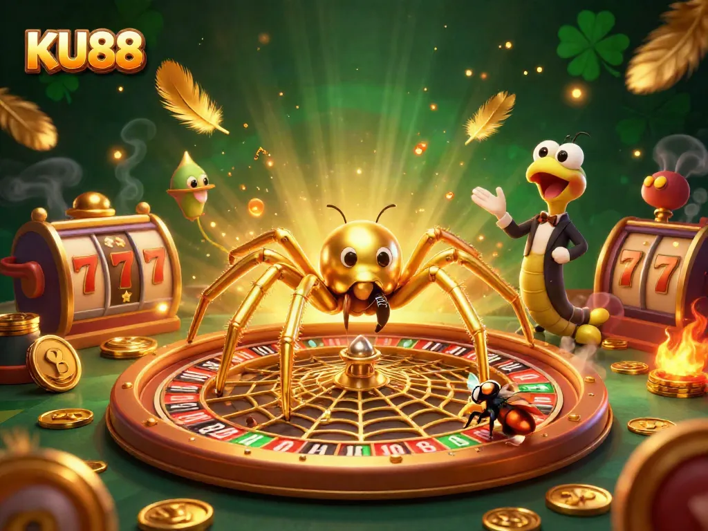 Spin your luck at KU88 as a golden spider spins roulette webs in a vibrant casino scene.