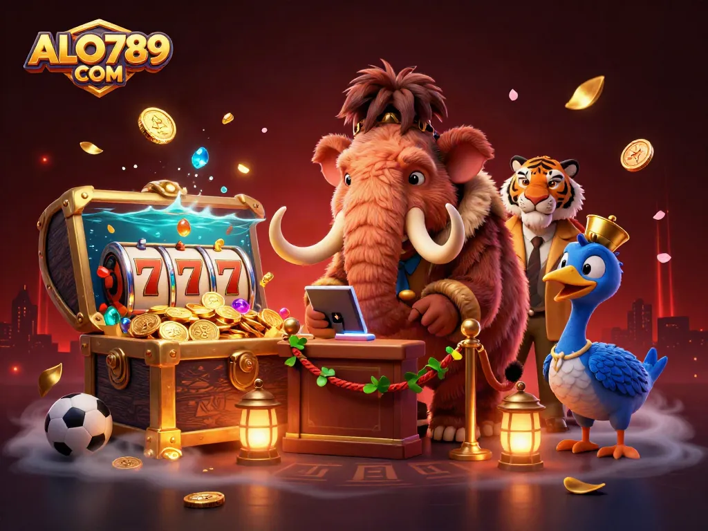 Experience the thrill of ALO789 COM with a vibrant casino scene featuring playful characters and game elements.