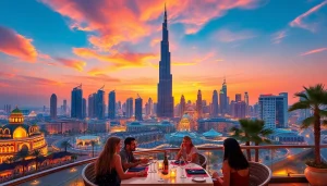 The skyline of Dubai at sunset, highlighting the iconic Burj Khalifa, inspiring travel to Dubai.