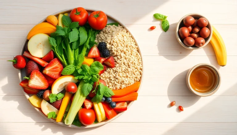 Vibrant healthy food platter featuring fresh fruits, vegetables, and whole grains.