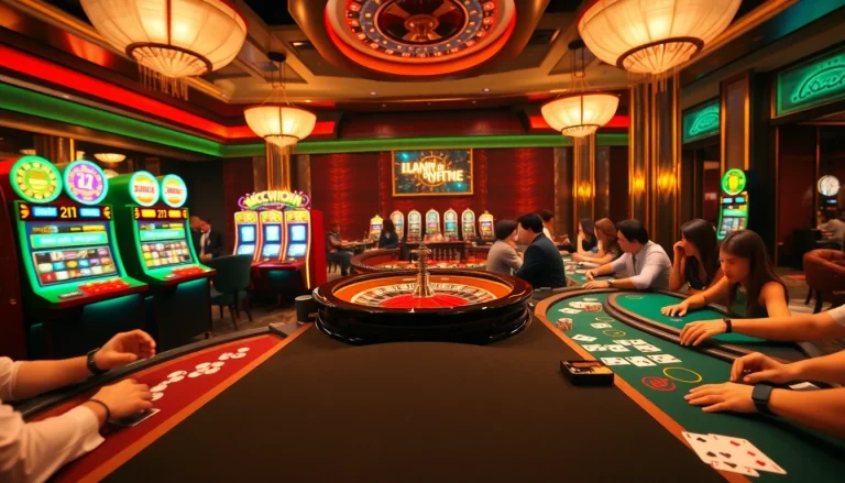 Experience the excitement of https://bj88b.com/ with live casino action showcasing poker and roulette tables surrounded by players.