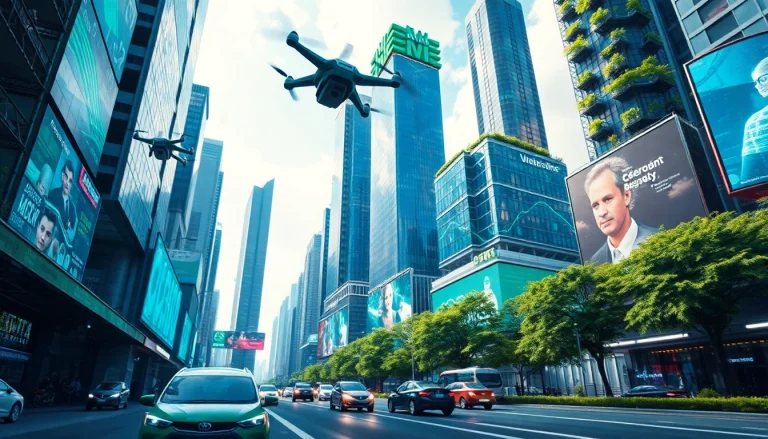 A futuristic cityscape illustrating New Technology with drones and green innovations.