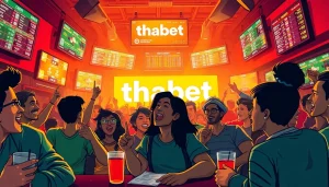View enthusiastic sports bettors engaging with thabet during a lively game night.