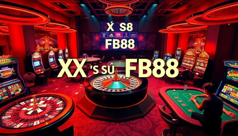 Xổ Số FB88 features an energetic casino scene with roulette, poker, and vibrant slot machines inviting players to experience thrill.