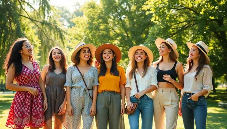Women Fashion scene showcasing diverse styles and accessories in a sunny outdoor park.