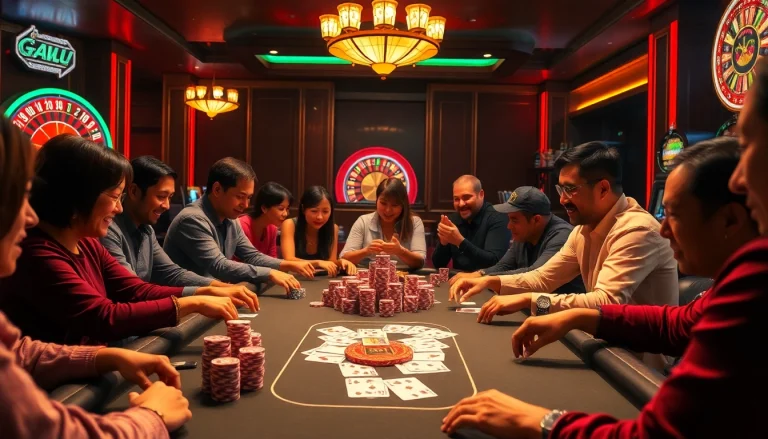 Players engaging in game bài đổi thưởng at a poker table in a lively casino.