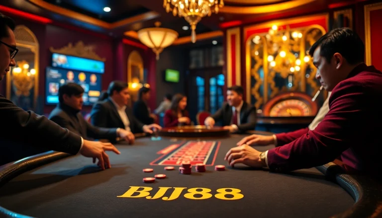 BJ88 branded poker table in a luxurious casino setting with players and vibrant atmosphere.
