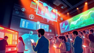 Explore a vibrant sports betting scene showcasing New Technology in action with holographic interfaces.