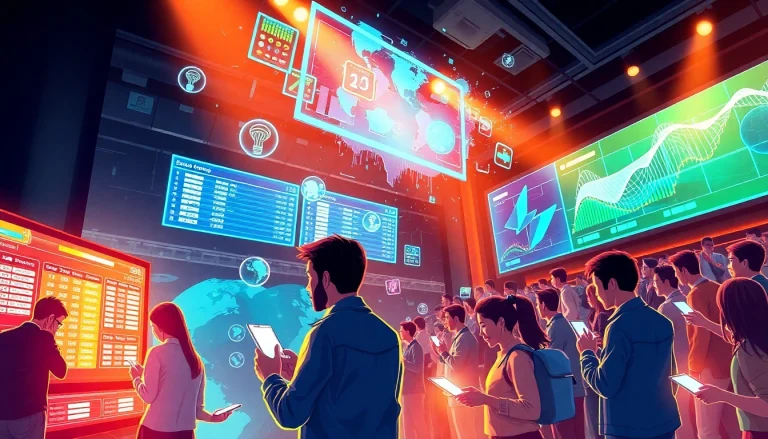 Explore a vibrant sports betting scene showcasing New Technology in action with holographic interfaces.