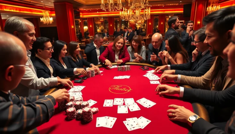 "Thabet poker scene showcasing energetic players with vibrant chips and cards."