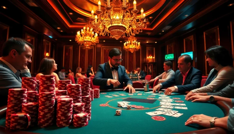 Experience the thrill of gambling at https://nhacaiuytin.place/ with a vibrant poker scene showing players enveloped in excitement.