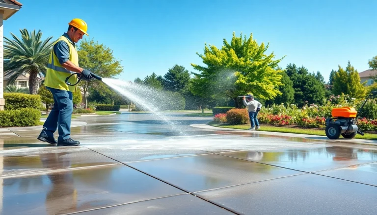 Technician performing pressure washing on a driveway, showcasing professional cleaning techniques.