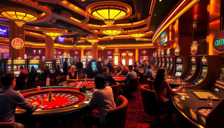 A busy casino scene showcasing players engaged in a thrilling atmosphere, while a couple enjoys a spicy AI chat.