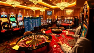 Dynamic casino scene featuring players at 69VN's roulette table with vibrant slot machines nearby.