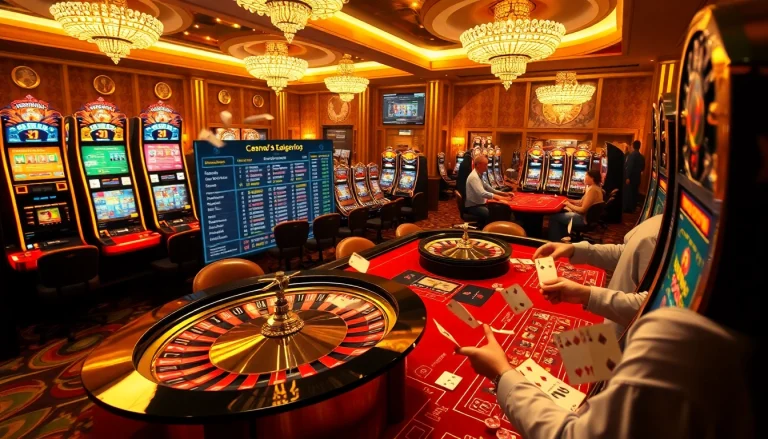 Dynamic casino scene featuring players at 69VN's roulette table with vibrant slot machines nearby.