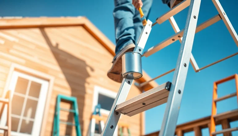 A painter using step ladders for a sunny outdoor home improvement project.