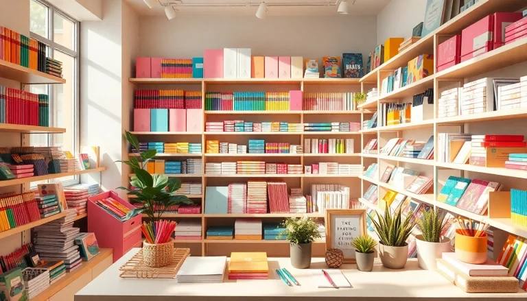 Explore a colorful stationery UK display filled with various creative supplies and organized shelves.