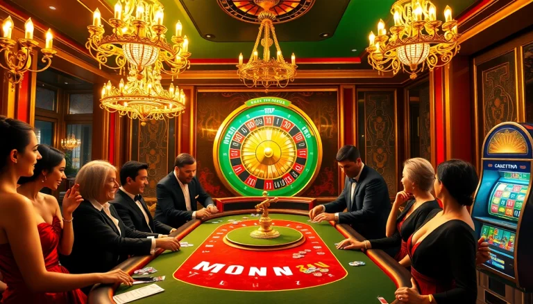 Monsino casino scene showcasing players at a poker table and a glowing roulette wheel, capturing the thrill of gambling.