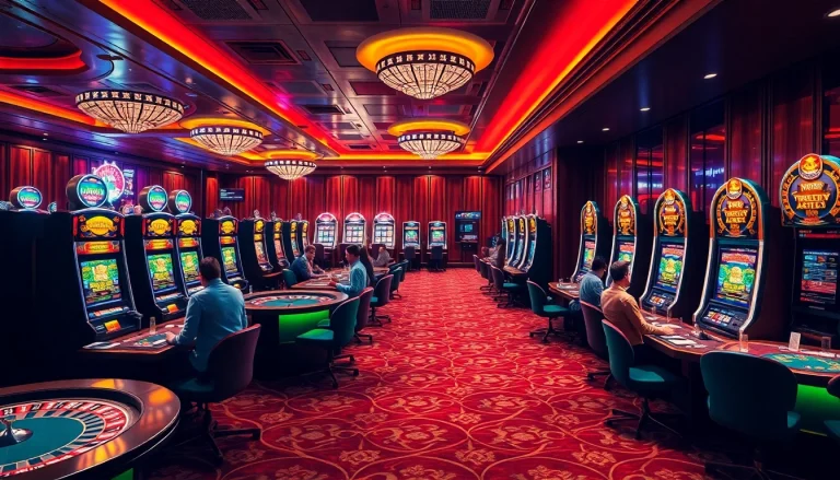 Engage with the thrilling atmosphere of casino utan svensk licens Pay N Play, featuring players and vibrant slot machines.