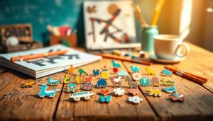 Showcasing colorful custom enamel pins creatively arranged on a rustic table.