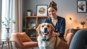 Compassionate Sydney Psychologist conducting a session with a therapy dog beside clients.