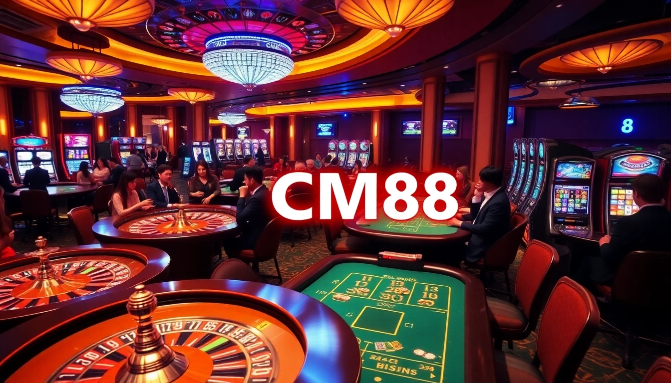 Exciting casino scene showcasing CM88 digital betting interface with roulette and blackjack action.