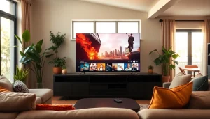 View of an iron TV Pro displayed in a stylish home setup with warm lighting.