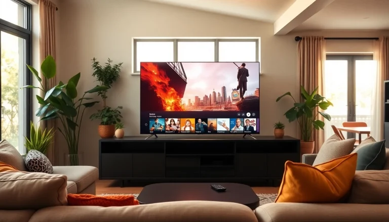 View of an iron TV Pro displayed in a stylish home setup with warm lighting.