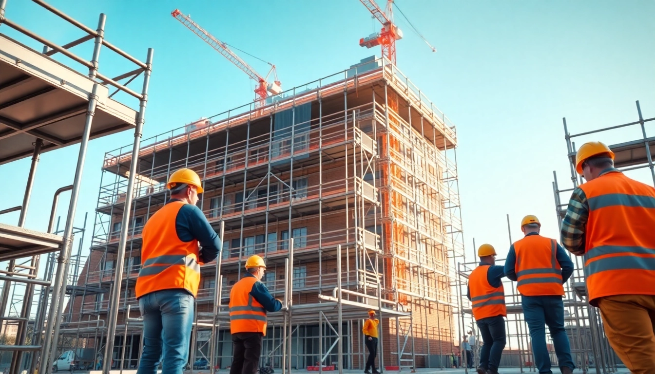 Skilled scaffolders Bolton handling scaffolding equipment at a bustling construction site.