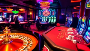 Casino scene featuring roulette wheel and poker table at KJC AC 1, showcasing vibrant gambling excitement.