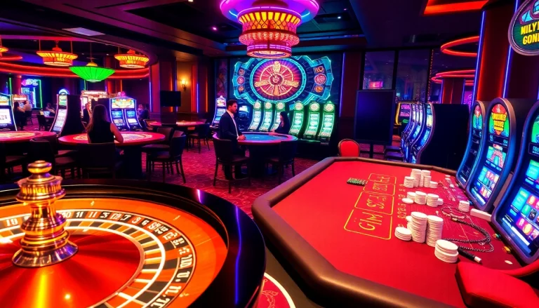 Casino scene featuring roulette wheel and poker table at KJC AC 1, showcasing vibrant gambling excitement.