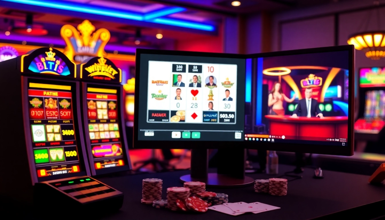 Experience Casino online germania excitement with a lively online gaming setup showcasing colorful slots and live dealer action.