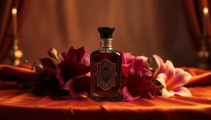 Discover an Arabian Oud dupe in a lavish perfume display with vibrant exotic flowers.