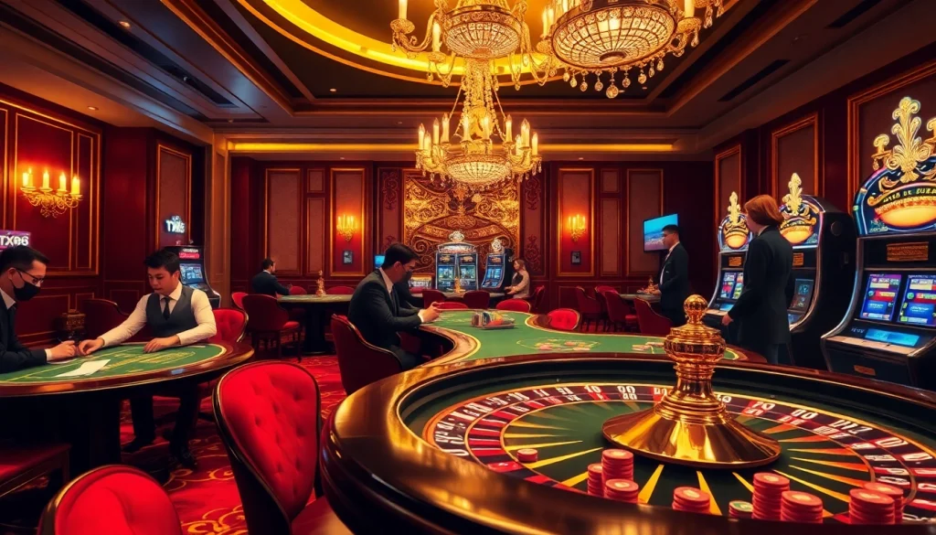 Engaging players at TX88 casino tables showcasing roulette, poker, and vibrant slot machines.