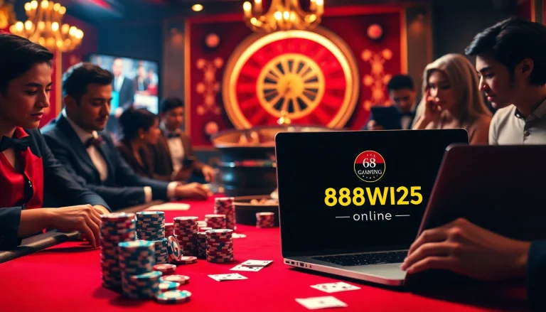 Gambers engaged in a thrilling game at https://68win2025.online/, featuring iconic casino elements like cards and roulette.