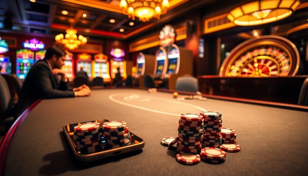 Exciting gaming action at https://f8bet11.net/, featuring poker tables, vibrant slot machines, and a roulette wheel.