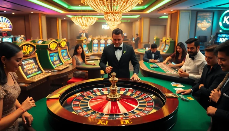 KJC branded roulette table at a vibrant casino with players eagerly engaging in a game.