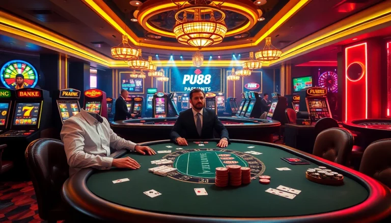 Exciting gambling scene with PU88 branding, showcasing professional poker games and vibrant casino elements.