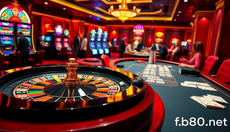 Experience thrilling gameplay at fb88b.net with an engaging casino scene featuring roulette and poker.