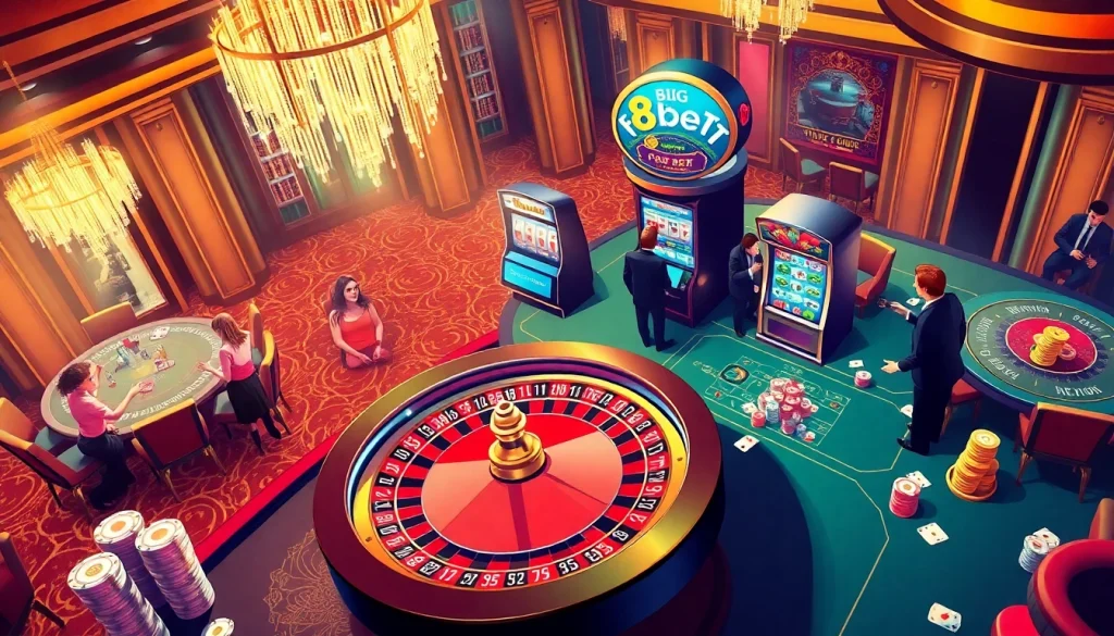 F8bet players enjoying a dynamic casino atmosphere with roulette and poker games.