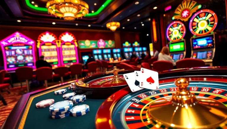 Experience the excitement of 13Win with a luxurious casino scene showcasing poker chips and vibrant slot machines.