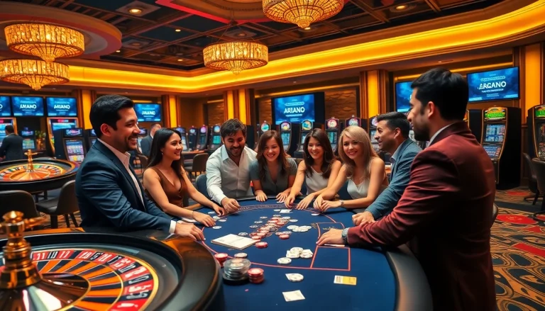 Exciting casino scene featuring 상품권소액결제 promotions with gamblers at poker tables and roulette wheels.