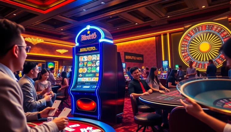 Players excitedly engage with the birutoto slot machine in a vibrant casino setting.
