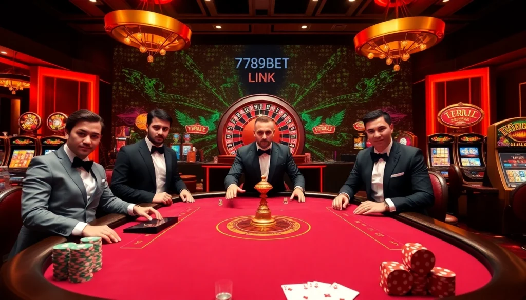 Experience thrilling gameplay at 789BET LINK with an enticing casino scene featuring poker and roulette.