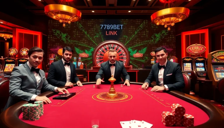 Experience thrilling gameplay at 789BET LINK with an enticing casino scene featuring poker and roulette.