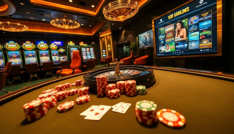 Jun88 gaming experience featuring poker chips, cards, and vibrant slots in a luxurious casino setting.