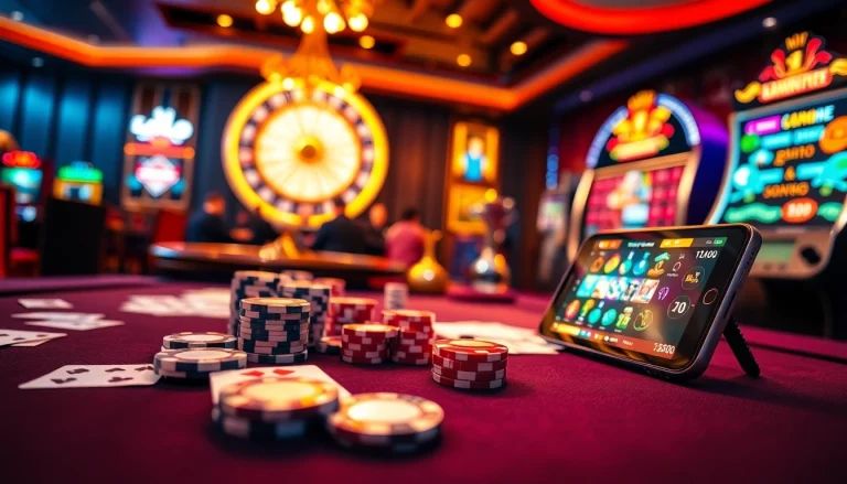 Hello88 gaming scene with poker chips, cards, and a roulette wheel creating an exciting casino atmosphere.