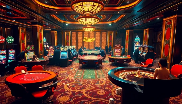 Hello88 casino guests celebrate big wins at luxurious gambling tables.