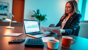 Księgowość dla firmy budowlanej – kobieta biznesu w profesjonalnym biurze przegląda dokumenty finansowe.