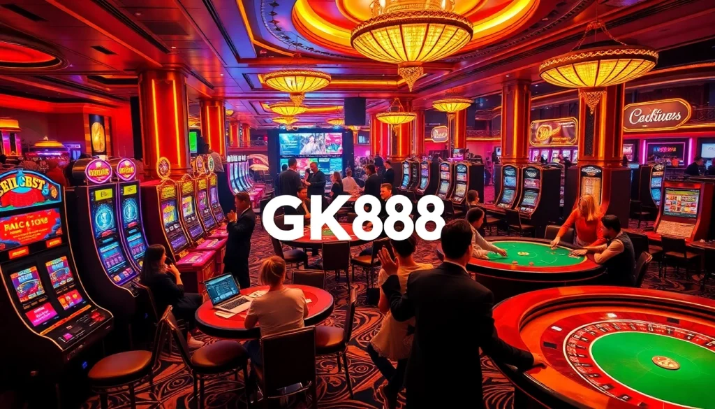 Players enjoying lively games at a casino with GK88 gaming interface, featuring poker tables and vibrant slot machines.